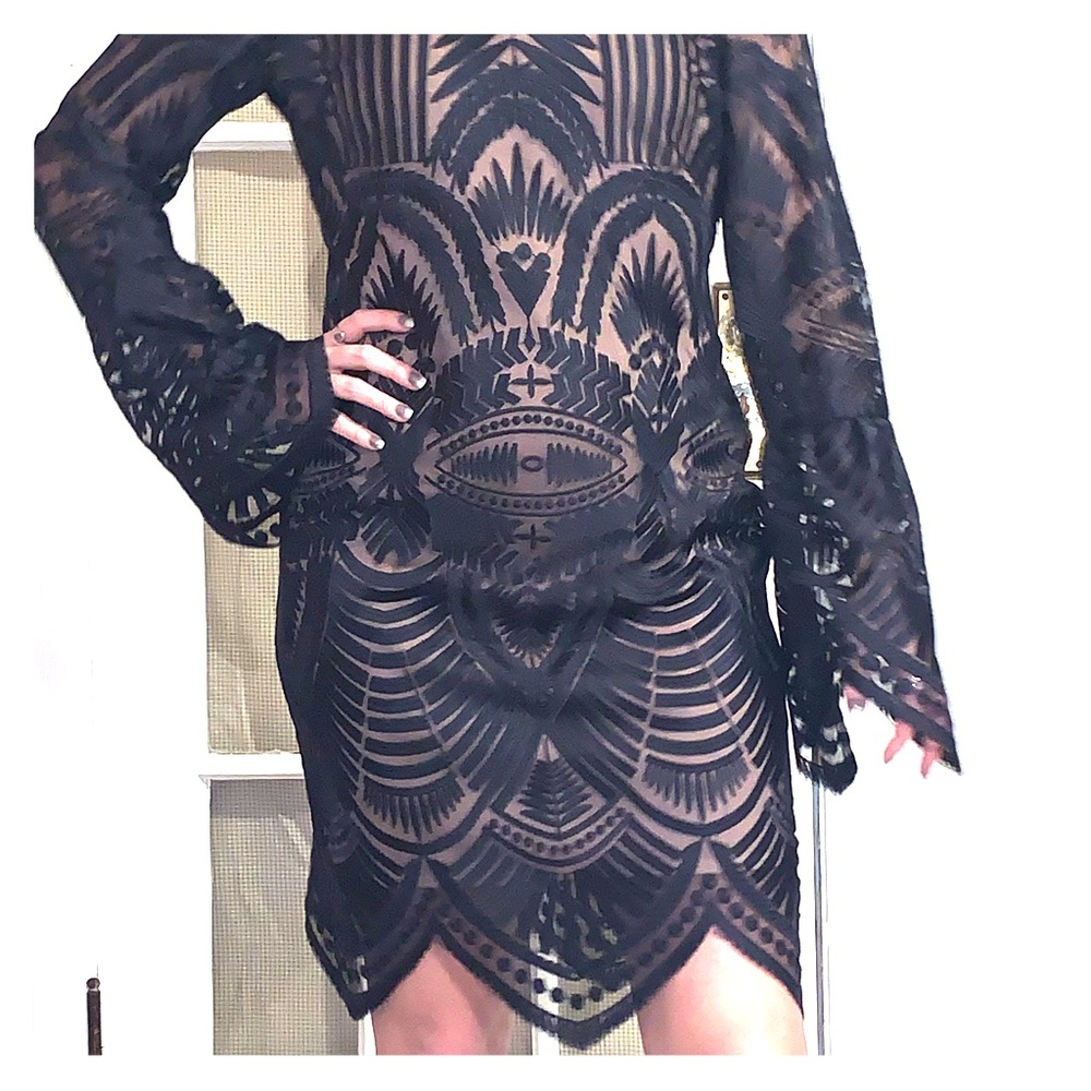 Elegant navy blue & tan long sleeve dress